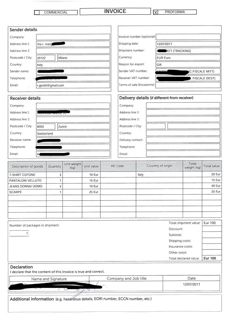 esempio fattura pro forma spedizione