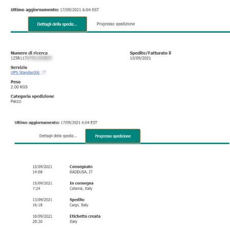 aggiornamento ups tracking